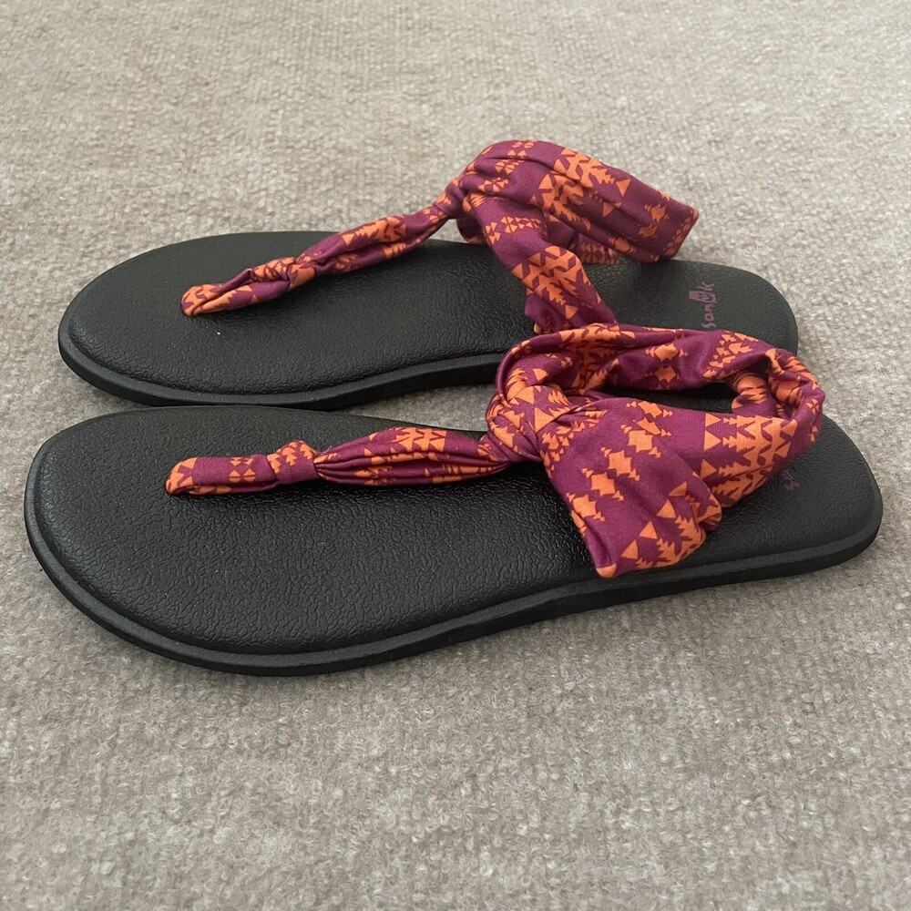 Sanuk Sling Back Sandals Womens Size 9 Purple Orange Aztec Print Summer Shoes